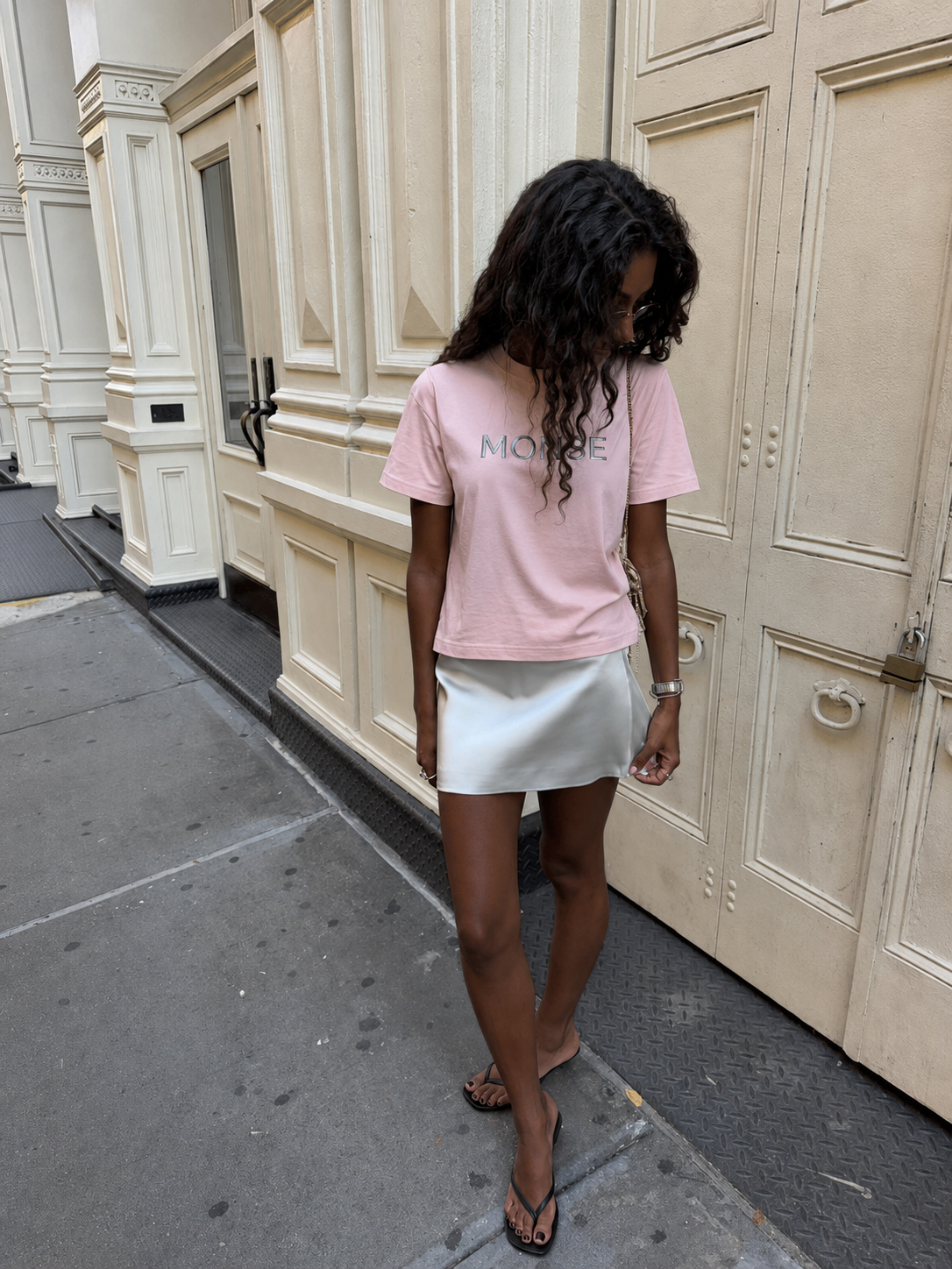 MONSE tee with a silver satin skirt in Soho