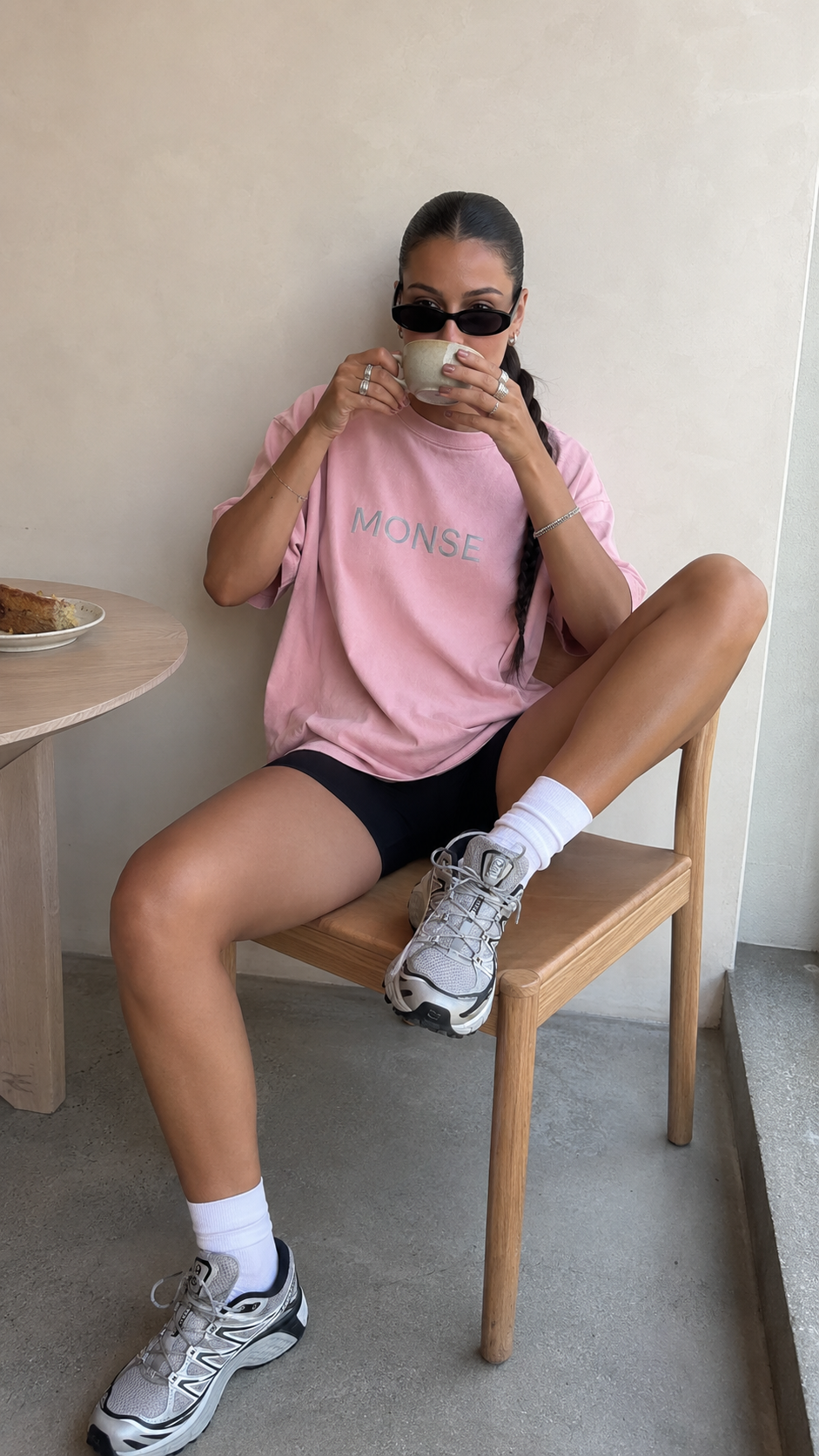 MONSE tee at a bistro, morning