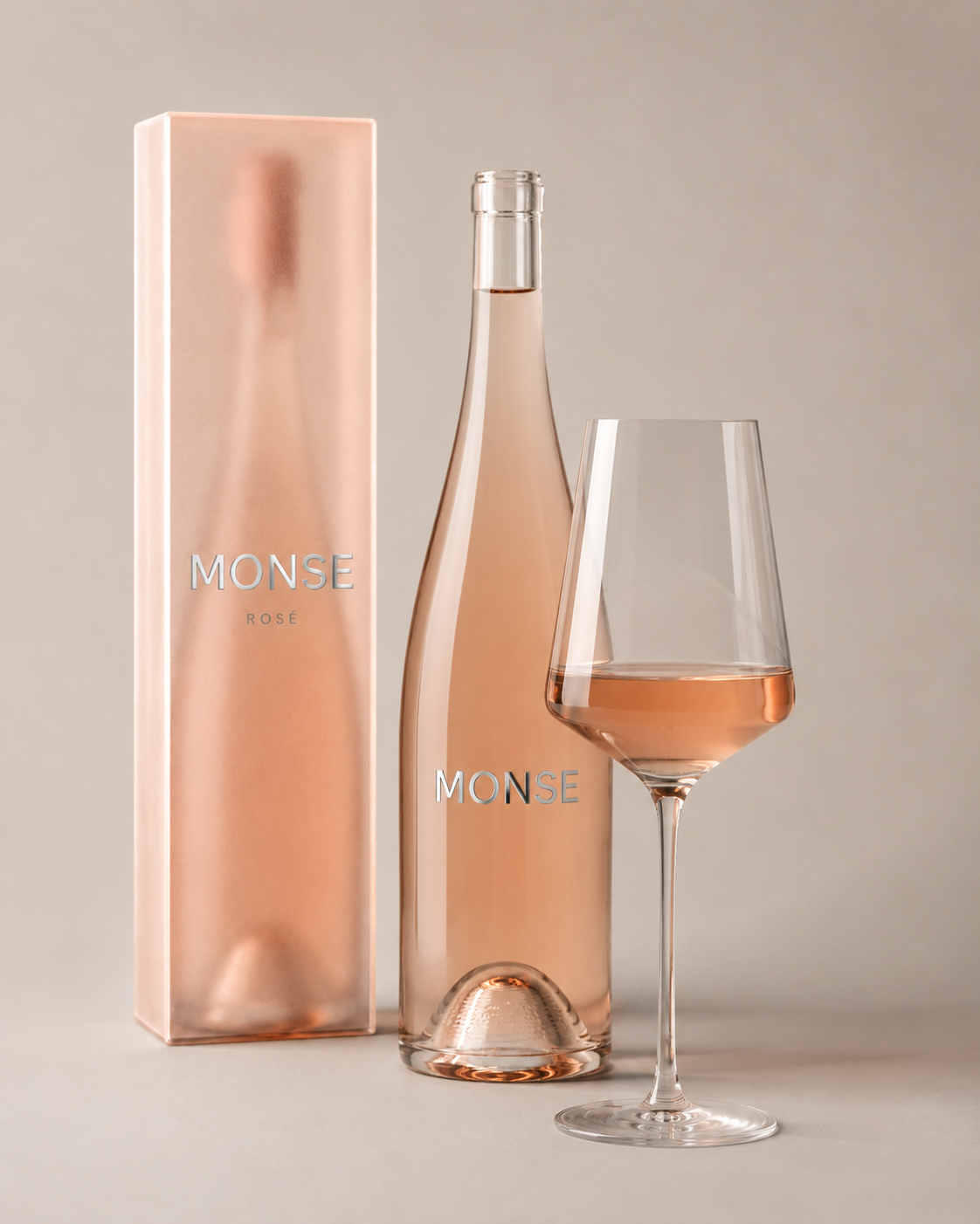 The MONSE rosé bottle beside its frosted peach presentation box and a wine glass