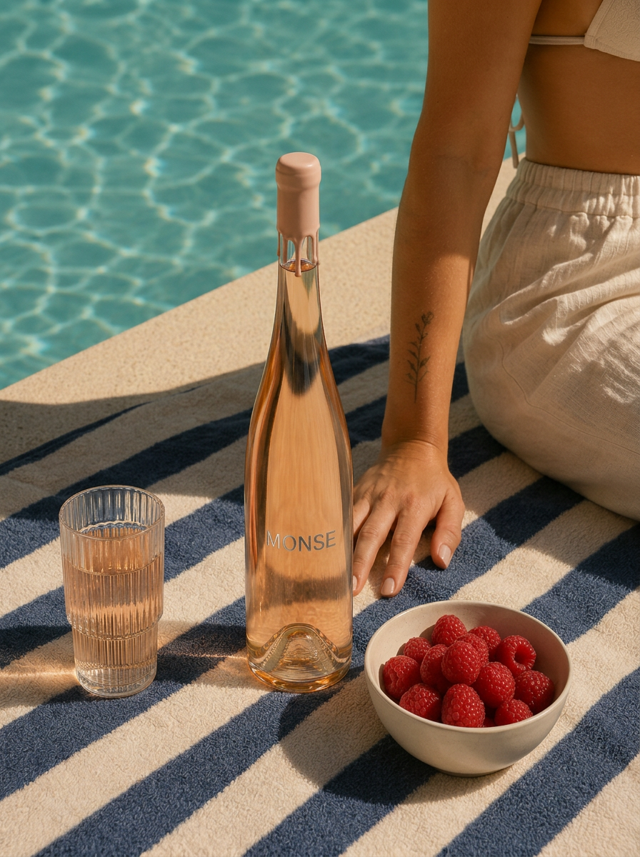 A MONSE rosé bottle on a striped towel beside a bowl of raspberries at the edge of a pool