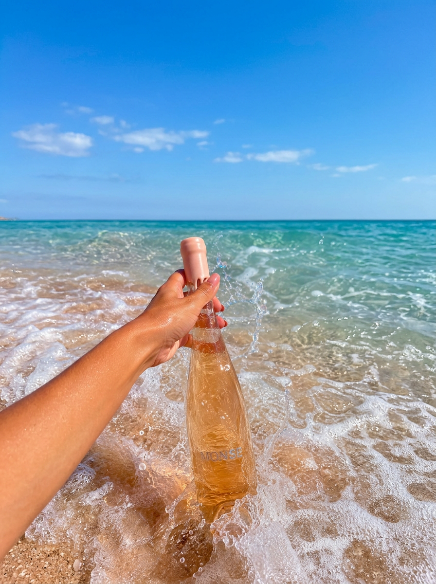 A hand holding a MONSE rosé bottle in the surf, water splashing against the glass