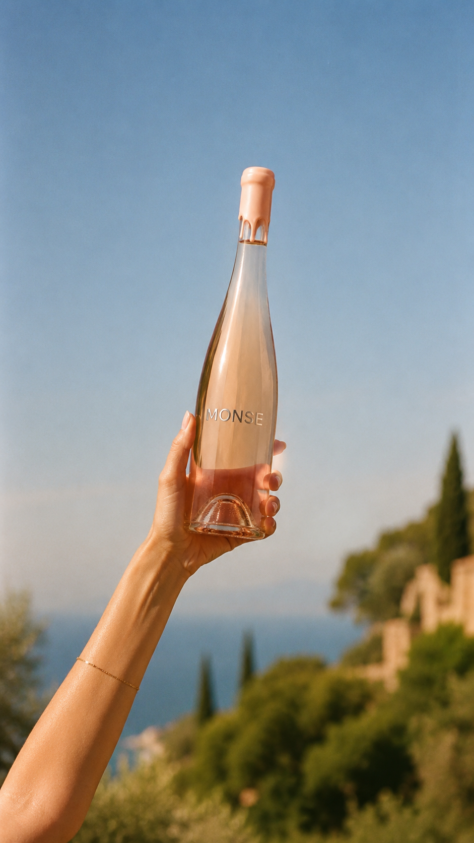 A hand holding a MONSE rosé bottle against the Mediterranean sky